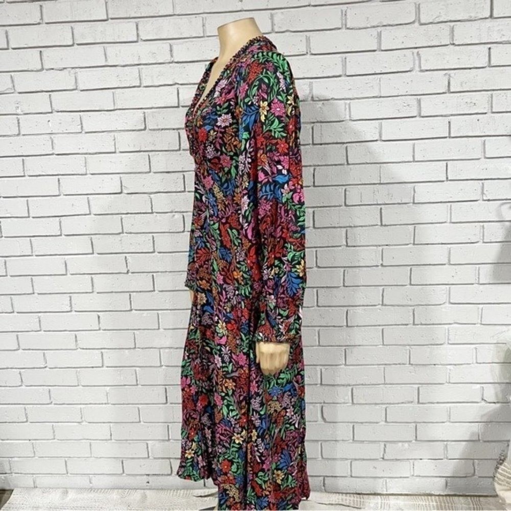 Farm Rio Black Mixed Prints Floral Birds Midi Dress V-Neck Balloon Sleeve Size L - Picture 4 of 16